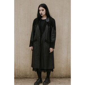 Vintage 90s Black Leather Trench Coat Women's Large Long Jacket Goth Grunge Boho